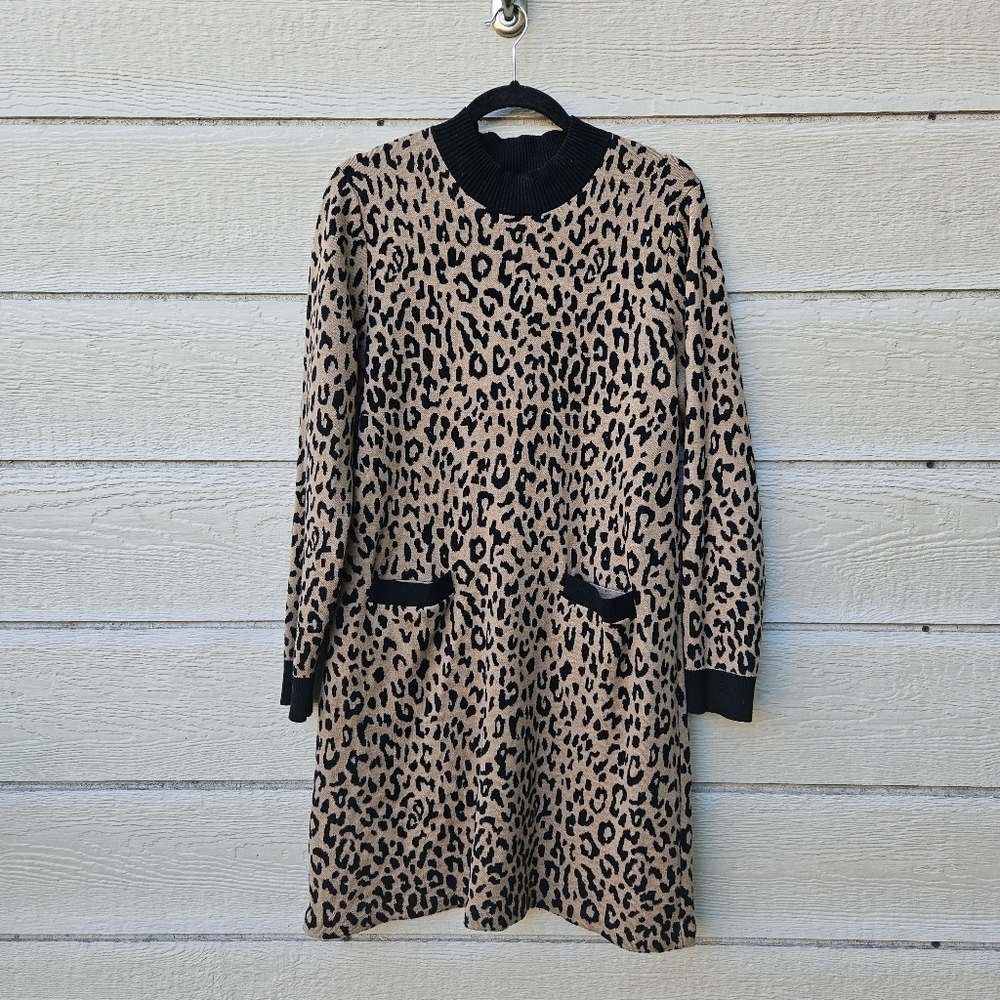 J. Crew mockneck sweater dress leopard print with pockets XL